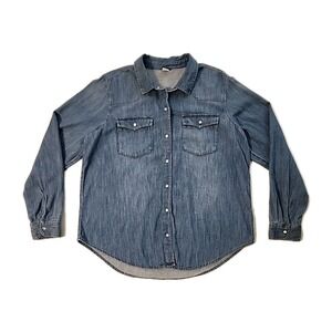 Old Navy Denim Button Up Shirt Chambray Pearl Snap Western Cowgirl Womens Sz L